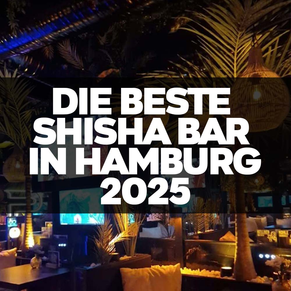 Beleuchtete Shisha Lounge mit tropischem Flair und dem Text "Die beste Shisha Bar in Hamburg