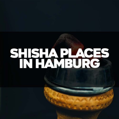 Nahaufnahme eines glühenden Shisha-Kopfes mit dem Text "Shisha Places in Hamburg".