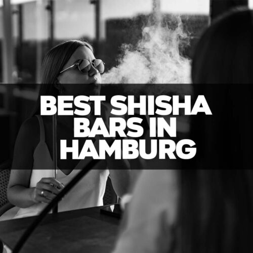 Eine Frau mit Sonnenbrille raucht Shisha in einer stilvollen Umgebung, begleitet von dem Text "Best Shisha Bars in Hamburg".