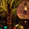 Detailaufnahme einer warm beleuchteten Rattanlampe und tropischer Palmen in der Premium Shisha Bar Hamburg.